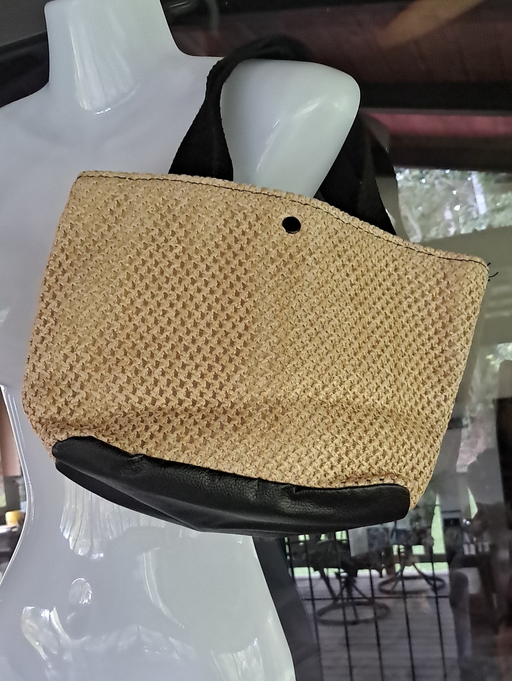 Woven Straw Tote with Black Leather Trim - Natural